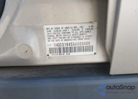 1999 Honda Accord Lx V6 from USA, damaged, VIN 1HGCG1645XA060466